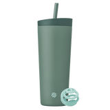 Full view of the BlenderBottle 2-in-1 Shaker Tumbler in sea green, featuring a darker green lid and straw, along with an aqua BlenderBall for smooth mixing. | Color#Sea Glass